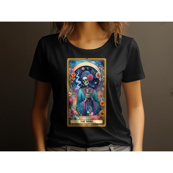 Cosmic Tarot Card Skeleton Mom Womens T-Shirt, Colorful Flower Space Graphic Tee, Unique Mother's Day Gift