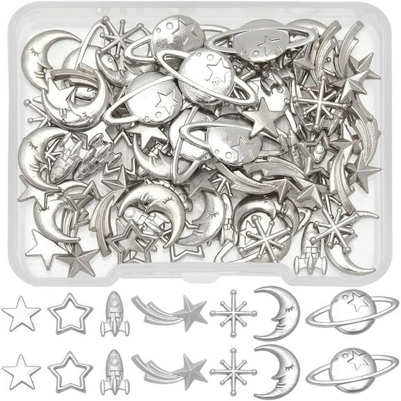 Cosmic Theme Zinc Alloy Cabochons for DIY Crystal Epoxy Resin Material Filling Platinum 7.5~10x8~20x1~2mm 7 colors 12pcs/colors 84pcs