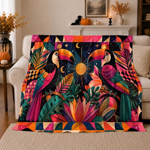Cosmic Toucan Celestial, Mystical Bird Art Scene, Warm Flannel Blanket for Beach House and Living Room with Detailed Artwork, Bird Lovers Housewarming Gift, Artistic Home Decor