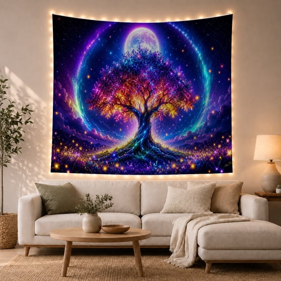 Cosmic Tree Under Glowing Moon & Portal in Starry Sky, Serene Mystical Celestial Art for Space Lovers, Cosmic Wall Art, Birthday Gift Tapestry Wall Hanging for Bedroom, Living Room and Dorm