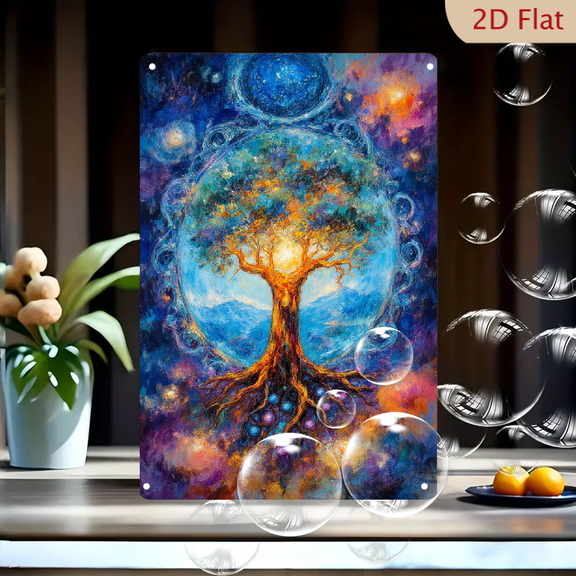 Cosmic Tree of Life Wall Art, 8x12 Inches Metal Print, Surreal Nature Painting with Glowing Roots and Nebula Background, Mystical Galaxy Sky Canvas for Home Decor