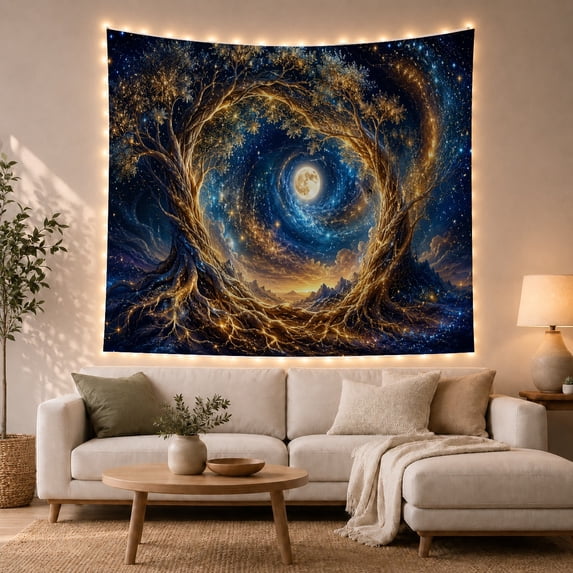 Cosmic Tree Portal with Full Moon and Stars, Dreamy Fantasy Art for Celestial Art Lovers, Galaxy Wall Art, Housewarming Gift, Tapestry Wall Hanging for Bedroom and Living Room