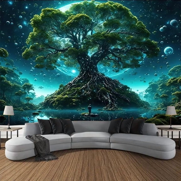 Cosmic Tree of Life Wall Tapestry Magic Forest and Glowing Moon Wall Hanging for Bedroom Living Room Dorm