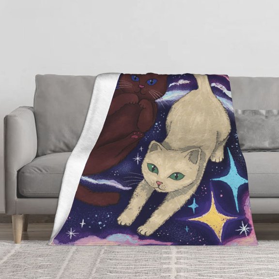 Cosmic Two Cats Starry Sky Flannel Fleece Throw Blanket, Dark Purple Galaxy Kitten Illustration Soft Cozy Lightweight Blanket for Sofa Couch Bed, Cat Lover All Season Decor Blanket