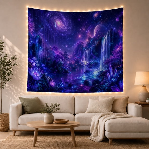 Cosmic Waterfall Galaxy with Glowing Flora and Crystals, Mystical Fantasy for Space Lovers, Ethereal Celestial Art, Housewarming Gift, Tapestry Wall Hanging for Bedroom and Living Room