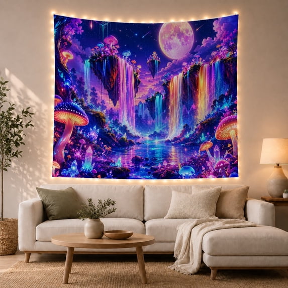 Cosmic Waterfalls on Floating Islands in Deep Starry Night Sky, Dreamy Surreal for Space Lovers, Ethereal Wall Art, Housewarming Gift, Tapestry Wall Hanging for Bedroom and Dorm Room