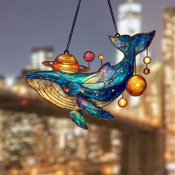 Cosmic Whale Acrylic Suncatcher, Faux Stained Glass Whale Window Hanging with Planets and Galaxy Stars, Celestial Ocean Decor Gift
