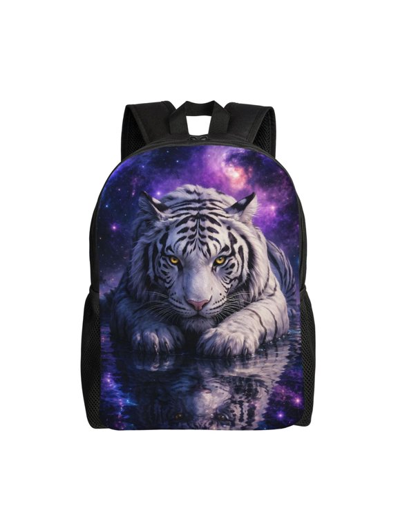 Cosmic White Tiger Backpack Full Front Print Travel Laptop Bag for Men and Women