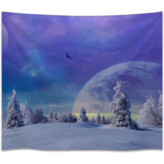 Cosmic Winter Landscape Tapestry Fantasy Snow Scene Wall Hanging with Planets and Stars Galaxy Night Sky Wall Art for Bedroom Living Room Dorm 30x40 Inch