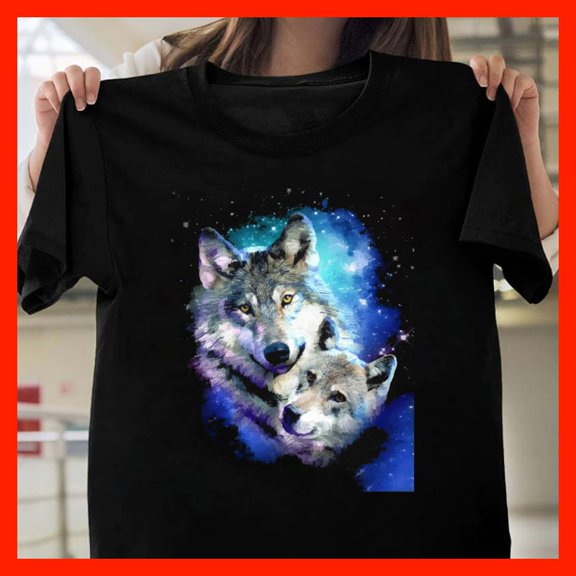 Cosmic Wolf Embrace T-Shirt - Galaxy Night Sky Art Print M520, for men and women, Extended Sizes Up to 5XL