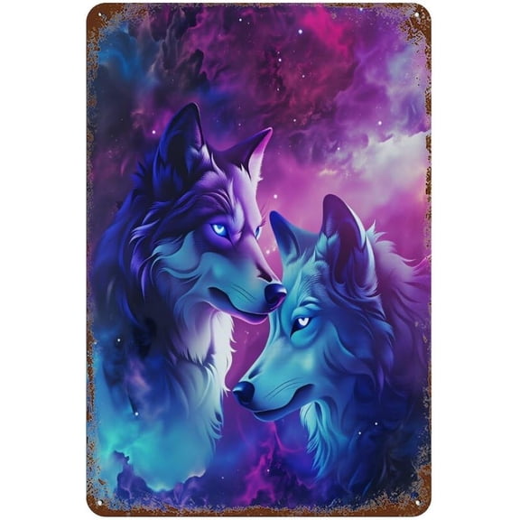 Cosmic Wolf Metal Wall Sign, Retro Tin Hanging Art Decor for Garage, Man Cave, Bar or Home, 8 x 12 Inch