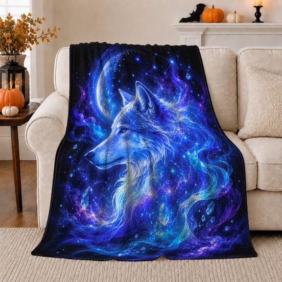 Cosmic Wolf Nebula Mystical Animal Blue, Festive autumn celebration Scene, Warm Flannel Blanket for Cabin and Lodge with Detailed Artwork, Art Lovers autumn celebration Gift, Festive Home Decor