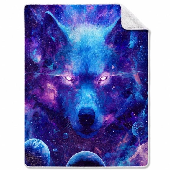 Cosmic Wolf Sherpa Blanket, Polyester Fleece Throw, Blue Purple Galaxy Design