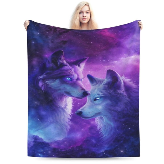 Cosmic Wolf Spirit Fleece Blanket Gifts, Mystical Galaxy Wolves Design, Soft Wolf Throw, Enchanting Home Decor - Deep Purple and Blue 50x40