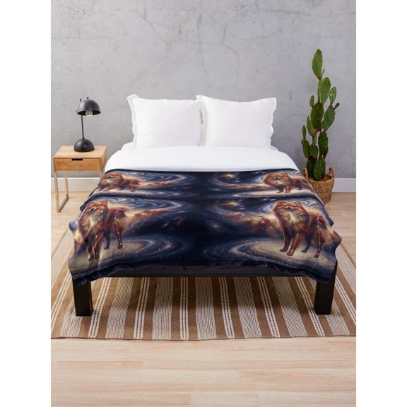 Cosmic Wolves and Spiral Galaxies Navy Blue Polyester Fleece Blanket, 280 GSM, Celestial Wildlife Style for Couch or Bed
