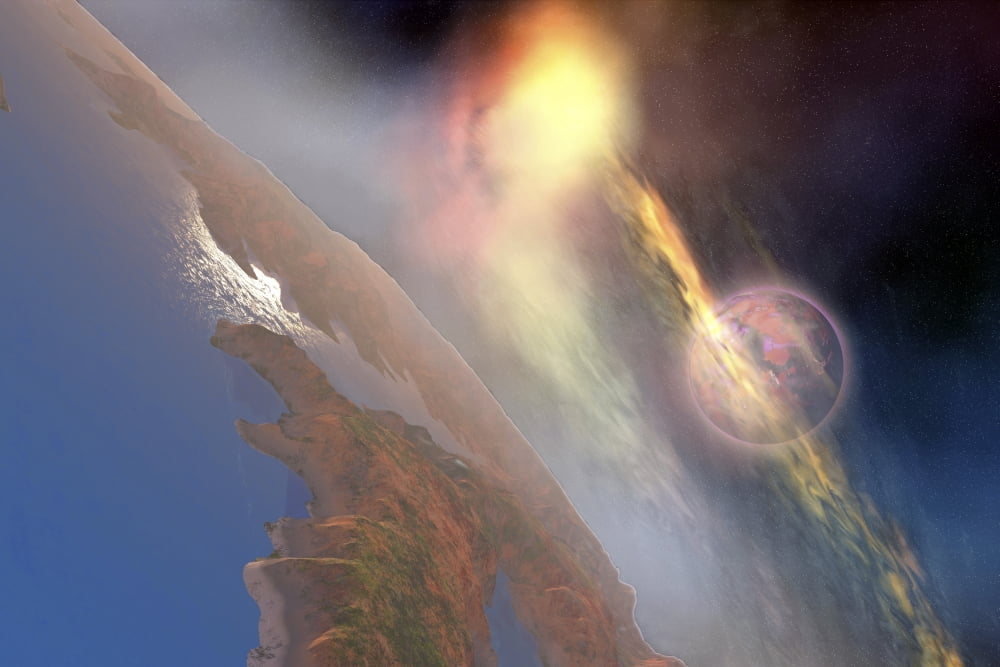 Cosmic image of solar flares hiting the moon Canvas Art - Corey FordStocktrek Images (18 x 12)