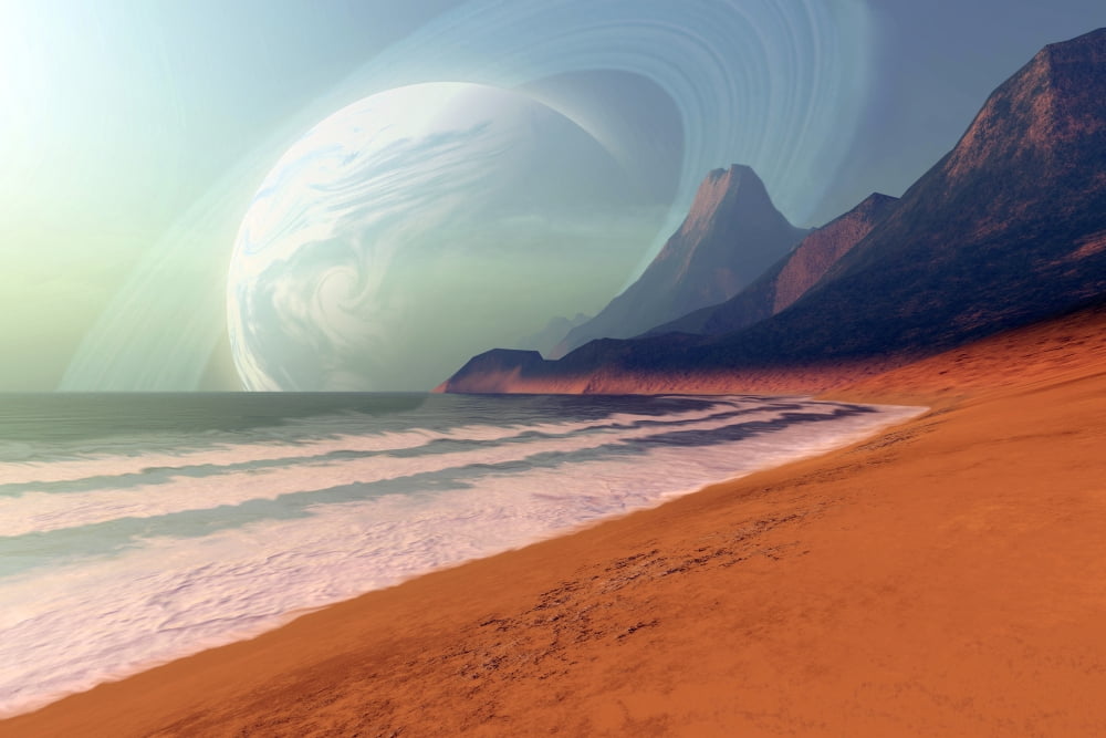 Cosmic seascape on an alien planet Canvas Art - Corey FordStocktrek Images (35 x 23)