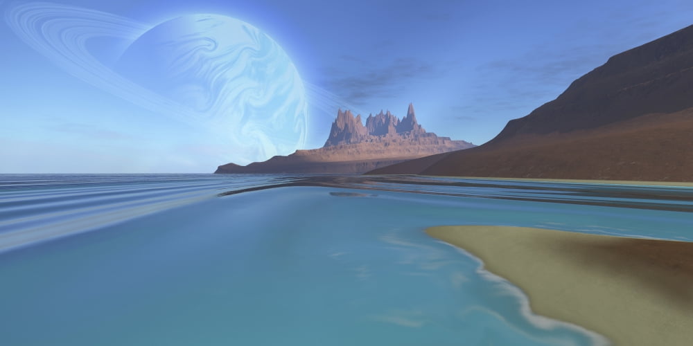 Cosmic seascape on another planet Canvas Art - Corey FordStocktrek Images (40 x 20)