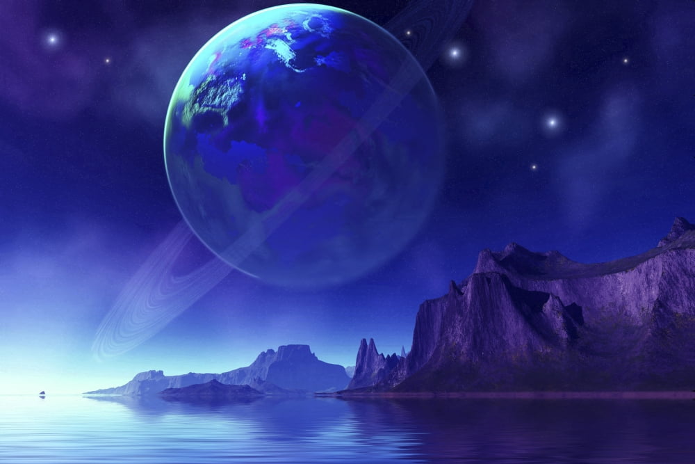 Cosmic seascape on another world with a ringed planet in the night sky Canvas Art - Corey FordStocktrek Images (35 x 23)