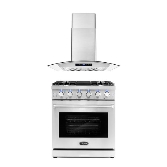 Cosmo 2 Piece Kitchen Appliance Package with 30" Freestanding Gas Range Kitchen Stove & 30" Wall Mount Range Hood Kitchen Hood Kitchen Appliance Bundles