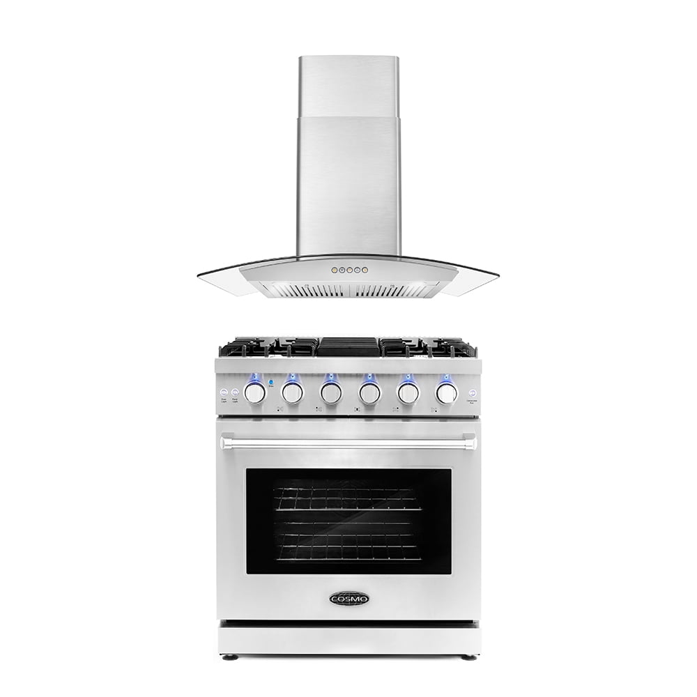 Cosmo 2 Piece Kitchen Appliance Package with 30" Freestanding Gas Range Kitchen Stove & 30" Wall Mount Range Hood Kitchen Hood Kitchen Appliance Bundles