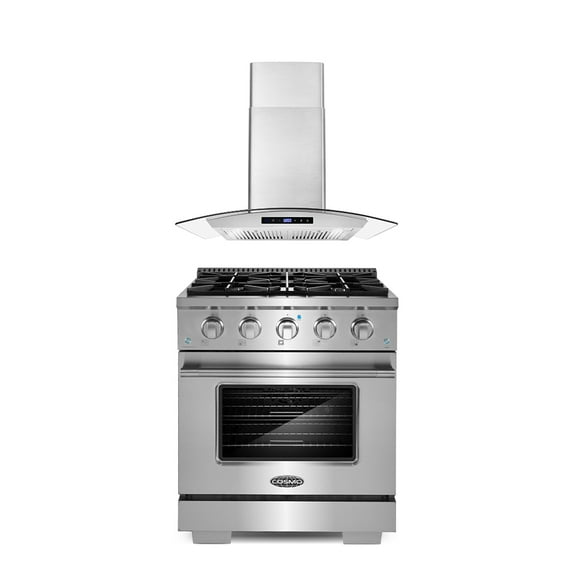 Cosmo 2 Piece Kitchen Appliance Package with 30" Freestanding Gas Range Kitchen Stove & 30" Wall Mount Range Hood Kitchen Hood Kitchen Appliance Bundles