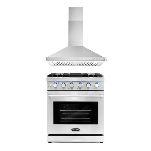 Cosmo 2 Piece Kitchen Appliance Package with 30" Freestanding Gas Range Kitchen Stove & 30" Wall Mount Range Hood Kitchen Hood Kitchen Appliance Bundles