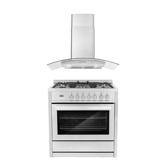 Cosmo 2 Piece Kitchen Appliance Package with 36" Freestanding 220/240V Dual Fuel Range Kitchen Stove & 36" Wall Mount Range Hood Kitchen Hood Kitchen Appliance Bundles