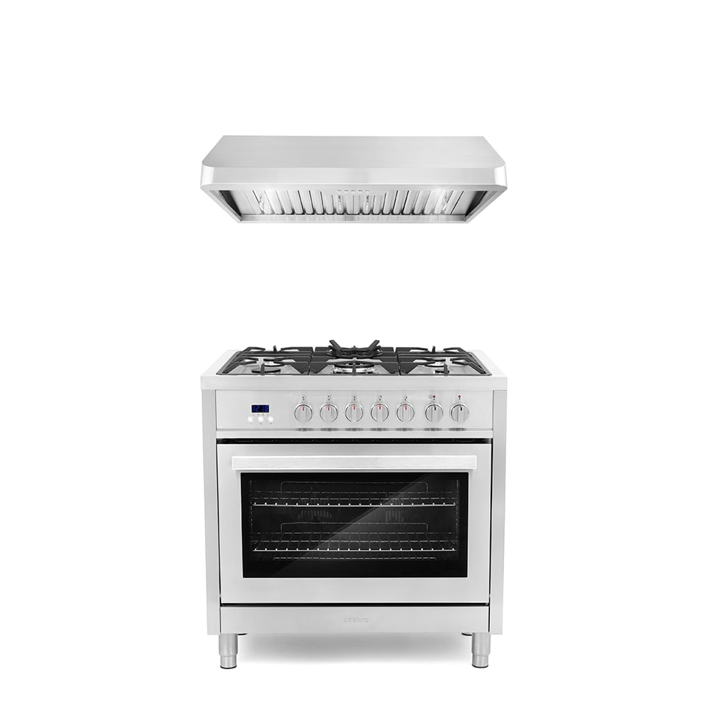 Cosmo 2 Piece Kitchen Appliance Package with 36" Freestanding 220/240V Dual Fuel Range Kitchen Stove & 36" Under Cabinet Range Hood Kitchen Hood Kitchen Appliance Bundles