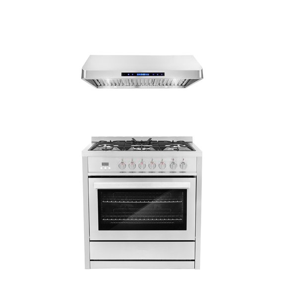 Cosmo 2 Piece Kitchen Appliance Package with 36" Freestanding 220/240V Dual Fuel Range Kitchen Stove & 36" Under Cabinet Range Hood Kitchen Hood Kitchen Appliance Bundles