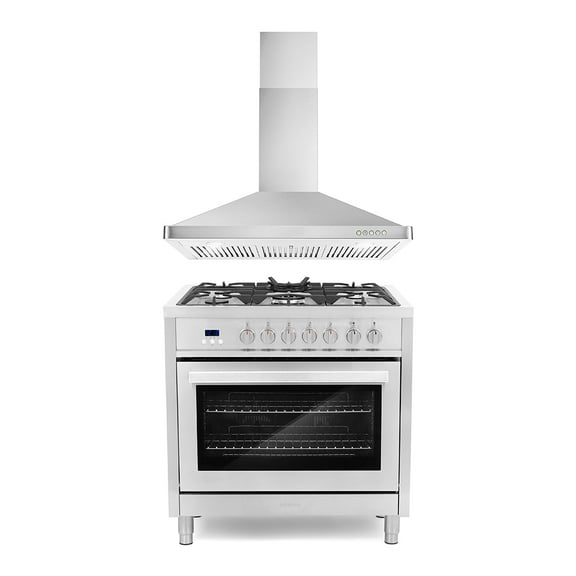 Cosmo 2 Piece Kitchen Appliance Package with 36" Freestanding 220/240V Dual Fuel Range Kitchen Stove & 36" Wall Mount Range Hood Kitchen Hood Kitchen Appliance Bundles