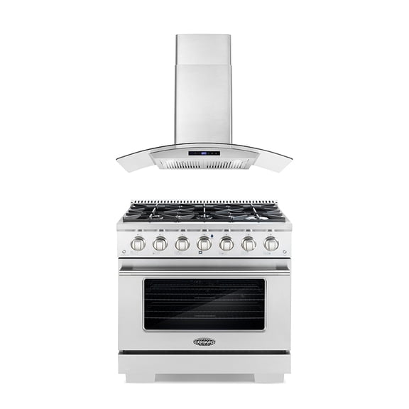 Cosmo 2 Piece Kitchen Appliance Package with 36" Freestanding Gas Range Kitchen Stove & 36" Wall Mount Range Hood Kitchen Hood Kitchen Appliance Bundles