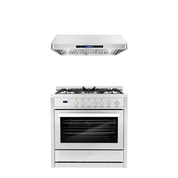 Cosmo 2 Piece Kitchen Appliance Package with 36" Freestanding Gas Range Kitchen Stove & 36" Under Cabinet Range Hood Kitchen Hood Kitchen Appliance Bundles