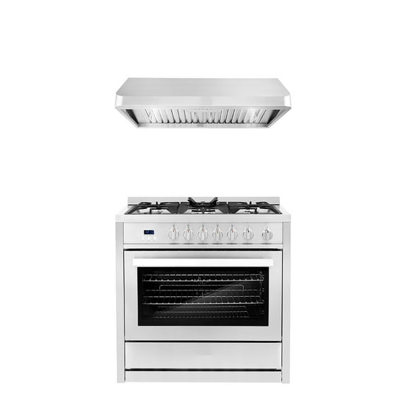Cosmo 2 Piece Kitchen Appliance Package with 36" Freestanding Gas Range Kitchen Stove & 36" Under Cabinet Range Hood Kitchen Hood Kitchen Appliance Bundles