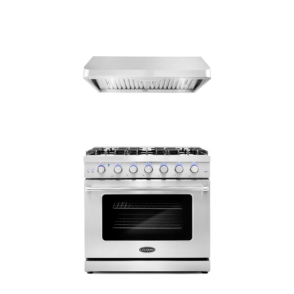 Cosmo 2 Piece Kitchen Appliance Package with 36" Freestanding Gas Range Kitchen Stove & 36" Under Cabinet Range Hood Kitchen Hood Kitchen Appliance Bundles