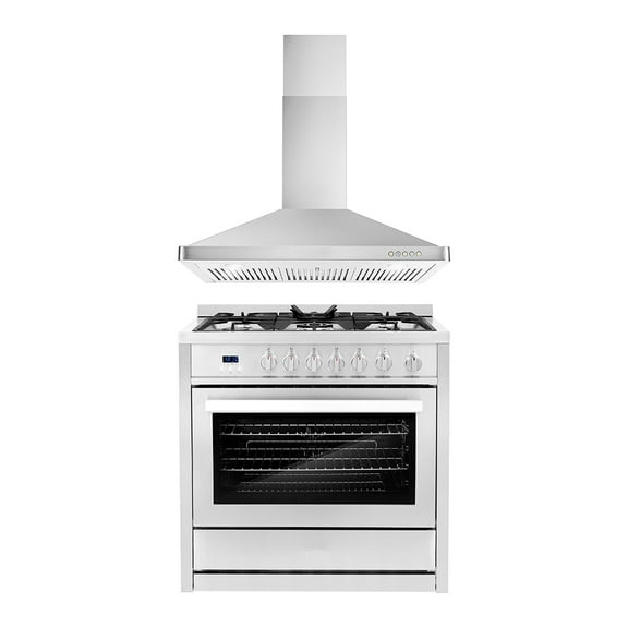 Cosmo 2 Piece Kitchen Appliance Package with 36" Freestanding Gas Range Kitchen Stove & 36" Wall Mount Range Hood Kitchen Hood Kitchen Appliance Bundles