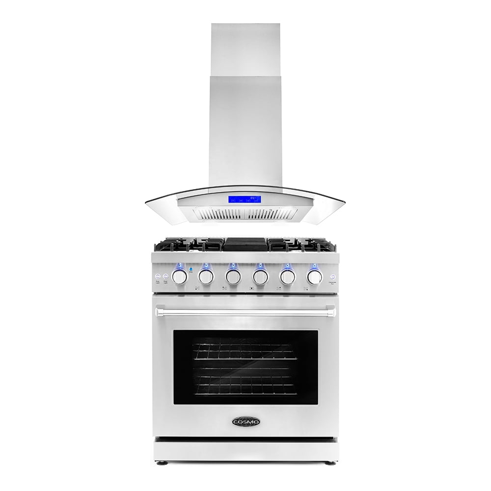 Cosmo 2 Piece Kitchen Appliance Package with 30" Freestanding Gas Range Kitchen Stove & 30" Island Range Hood Kitchen Hood Kitchen Appliance Bundles