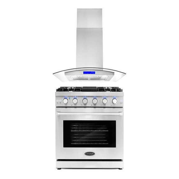 Cosmo 2 Piece Kitchen Appliance Package with 30" Freestanding Gas Range Kitchen Stove & 30" Island Range Hood Kitchen Hood Kitchen Appliance Bundles