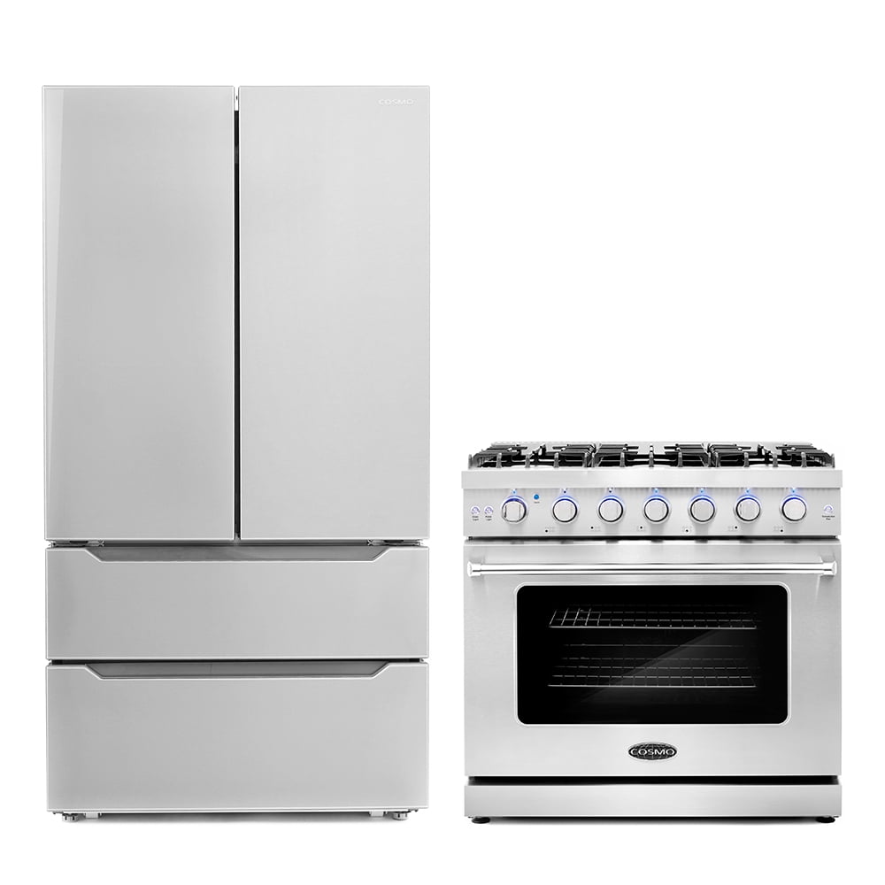 Cosmo 2 Piece Kitchen Appliance Package with 36" Free Standing Gas Range Kitchen Stove & French Door Refrigerator Kitchen Appliance Bundles