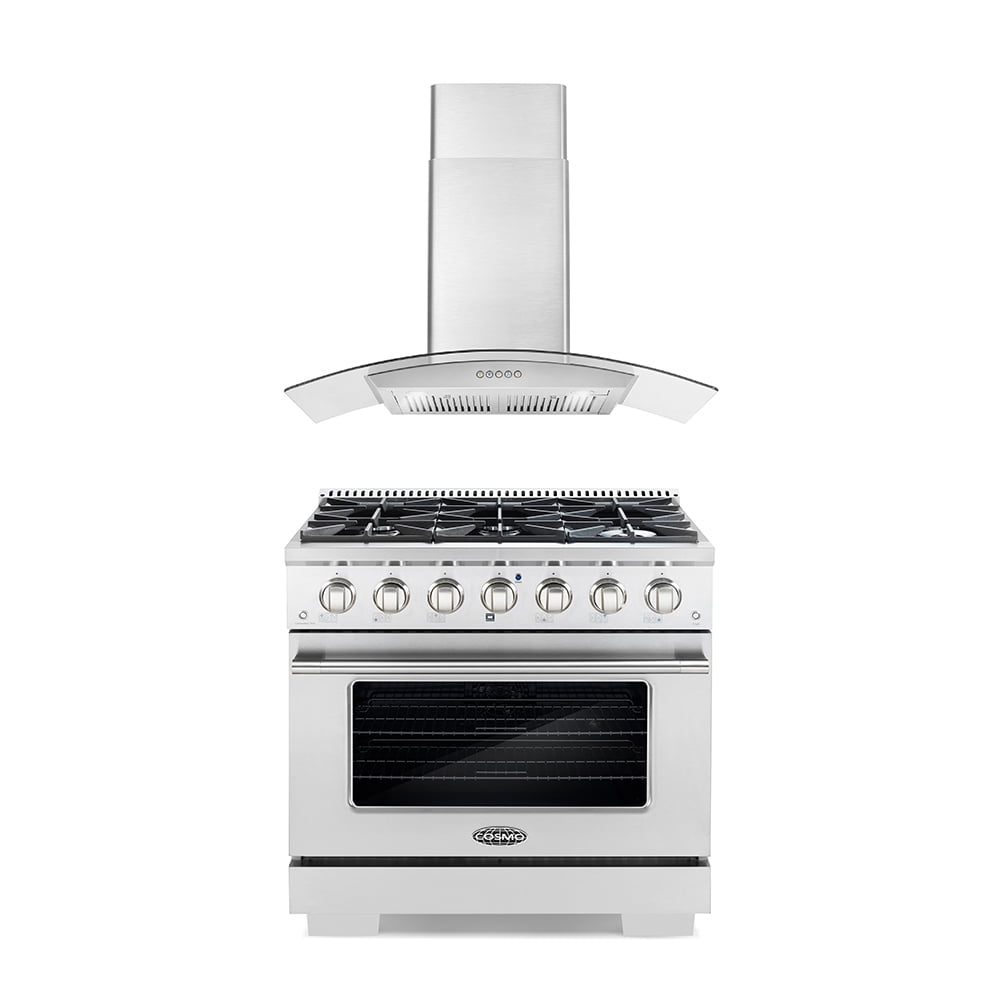 Cosmo 2 Piece Kitchen Appliance Packages with 36" Freestanding Gas Range Kitchen Stove & 36" Wall Mount Range Hood Kitchen Hood Kitchen Appliance Bundles