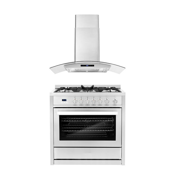 Cosmo 2 Piece Kitchen Appliance Packages with 36" Freestanding Gas Range Kitchen Stove & 36" Wall Mount Range Hood Kitchen Hood Kitchen Appliance Bundles