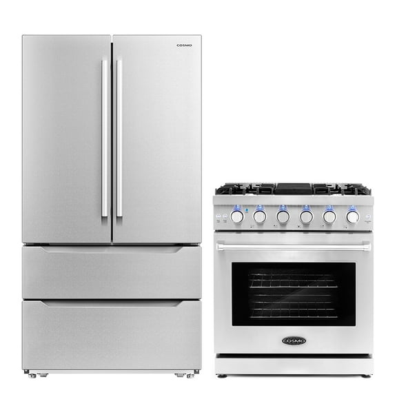 Cosmo 2 Piece Kitchen Appliance Packages with 30" Free Standing Gas Range Kitchen Stove & French Door Refrigerator Kitchen Appliance Bundles