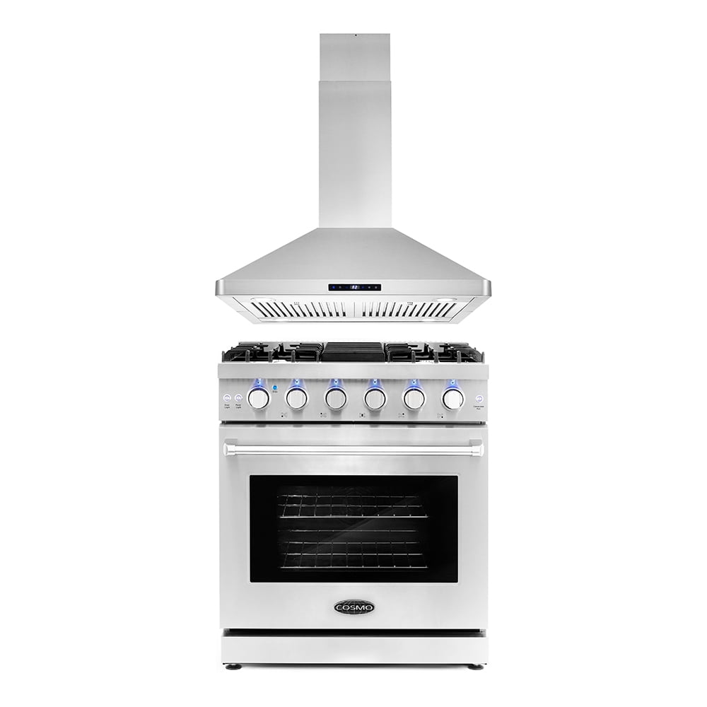 Cosmo 2 Piece Kitchen Appliance Packages with 30" Freestanding Gas Range Kitchen Stove & 30" Island Range Hood Kitchen Hood Kitchen Appliance Bundles