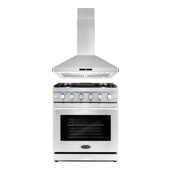 Cosmo 2 Piece Kitchen Appliance Packages with 30" Freestanding Gas Range Kitchen Stove & 30" Island Range Hood Kitchen Hood Kitchen Appliance Bundles
