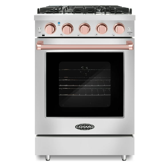 Cosmo 24 in. 3.73 cu. ft. Gas Range, 4 Sealed Burners, Convection Oven, Stainless Steel, Rose Gold Handle Knob Kit