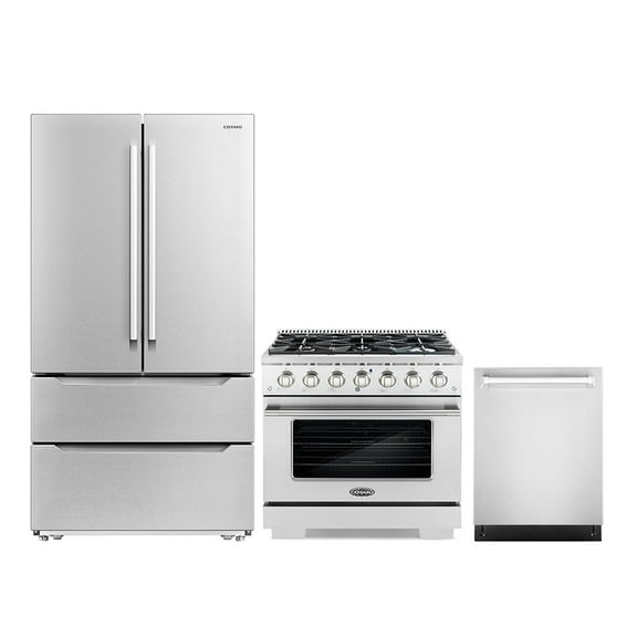 Cosmo 3 Piece Kitchen Appliance Package with 36" Freestanding Gas Range Kitchen Stove 24" Built-in Fully Integrated Dishwasher & French Door Refrigerator Kitchen Appliance Bundles
