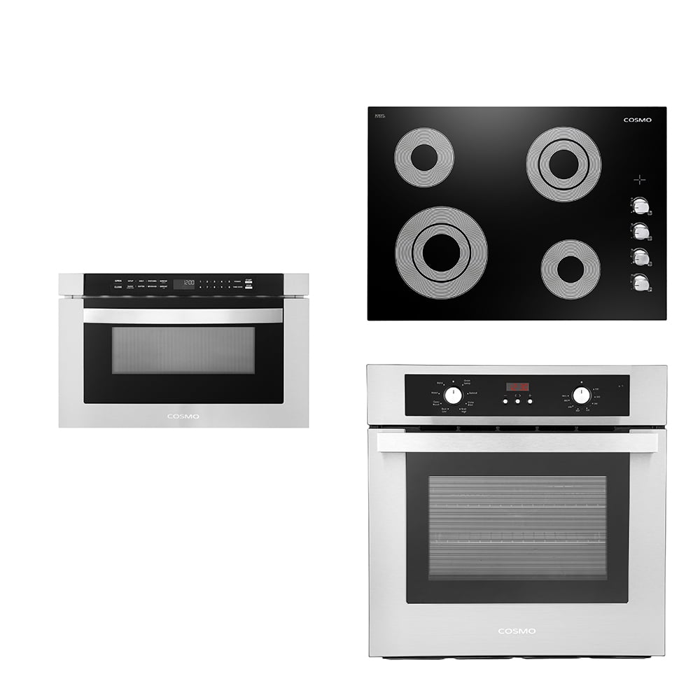Cosmo 3 Piece Kitchen Appliance Package With 30" Electric Cooktop 24" Built-In Microwave Drawer 24" Single Electric Wall Oven Kitchen Appliance Bundles