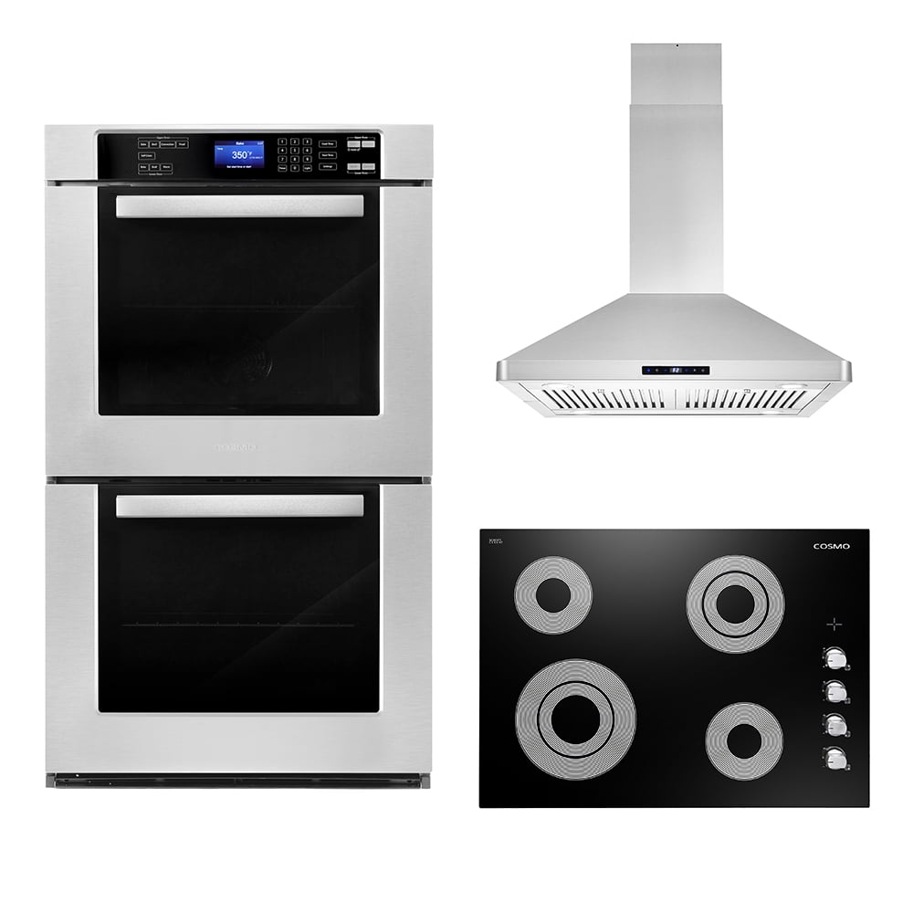 Cosmo 3 Piece Kitchen Appliance Package With 30" Electric Cooktop 30" Island Range Hood 30" Double Electric Wall Oven Kitchen Appliance Bundles