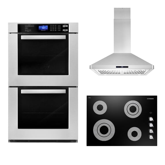 Cosmo 3 Piece Kitchen Appliance Package With 30" Electric Cooktop 30" Island Range Hood 30" Double Electric Wall Oven Kitchen Appliance Bundles