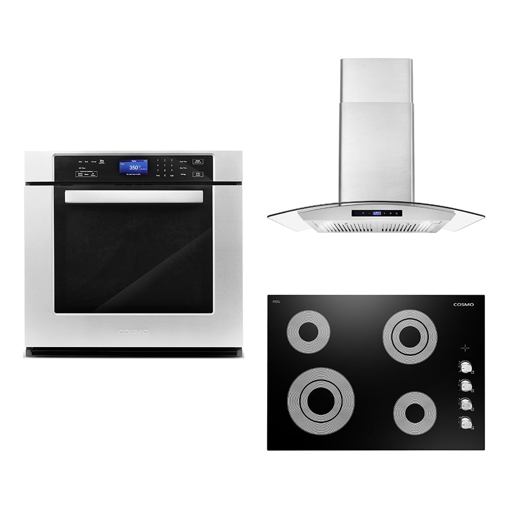 Cosmo 3 Piece Kitchen Appliance Package with 30 inch Electric Cooktop 30 inch Wall Mount Range Hood 30 inch Single Electric Wall Oven Kitchen